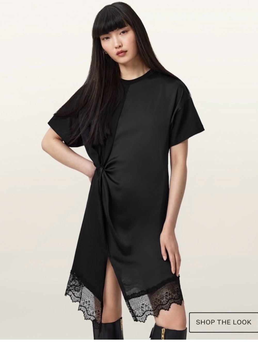 AllSaints Black Lana Lace-Trim Mini Dress - Picture 2 of 6